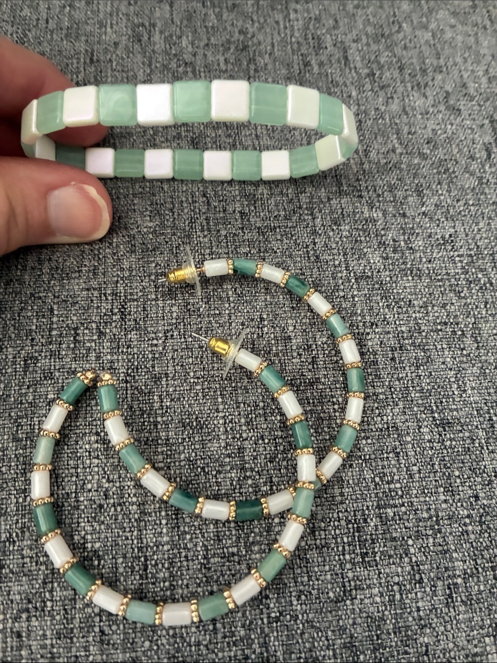 Green and White Beaded Hoop Earrings with Matching Bracelet - Women Jewelry